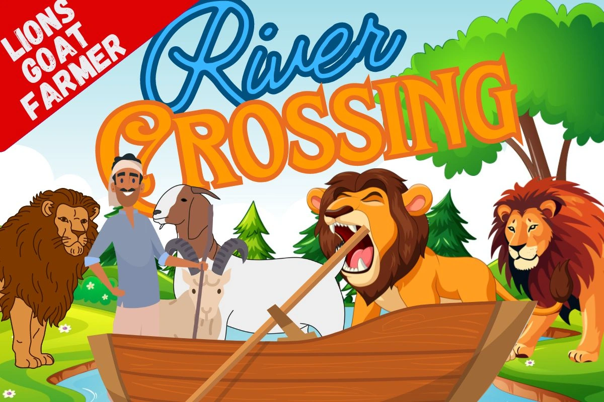 river crossing puzzles : lions goat farmer river crossing puzzle